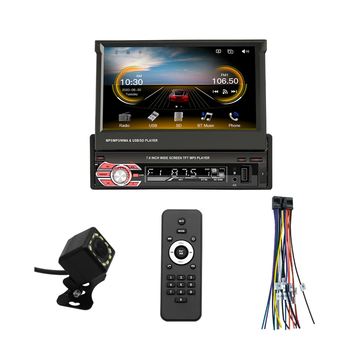 Manual Flip Car Stereo, Android Auto,Single Din, Rádio Touchscreen HD, Bluetooth FM, Link Espelho, Câmera Traseira, Carplay, 7"