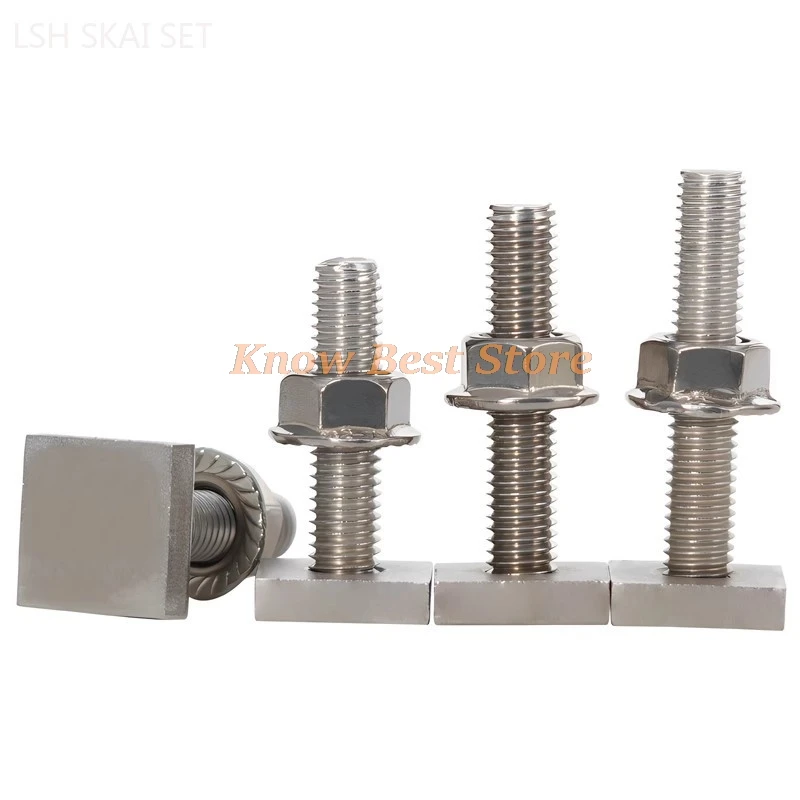 10PCS 304 Stainless Steel T-shaped Track Bolt and Nut Set Square Welded Screw Flange Nut Set Hardware Tool Fasteners