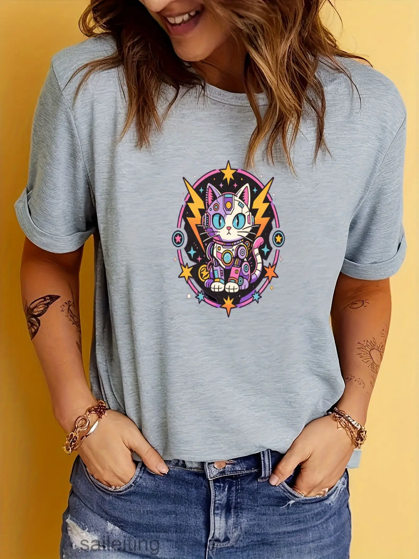 Cosmic Cartoon Cat T-Shirt Women Men - White Short Sleeve Crew Neck Tee with Stars Planets Lightning Bolt Graphic, Soft Breat