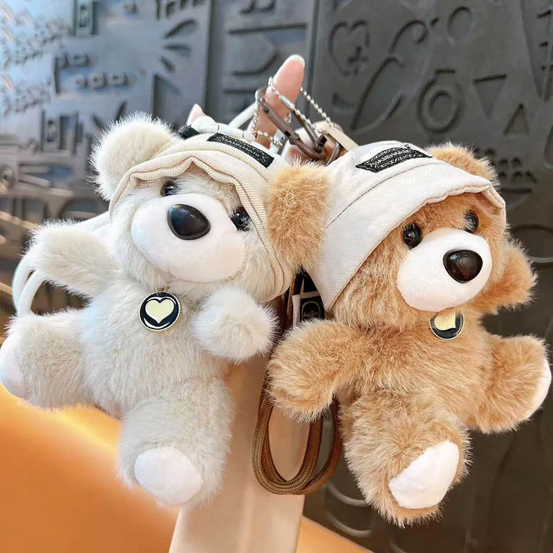 Cute Wear Hat Bear Pendant Plush Doll Keychain Lifelike Plush Stuffed Animal Bear Backpack Decor Pendant Creative Birthday Gift