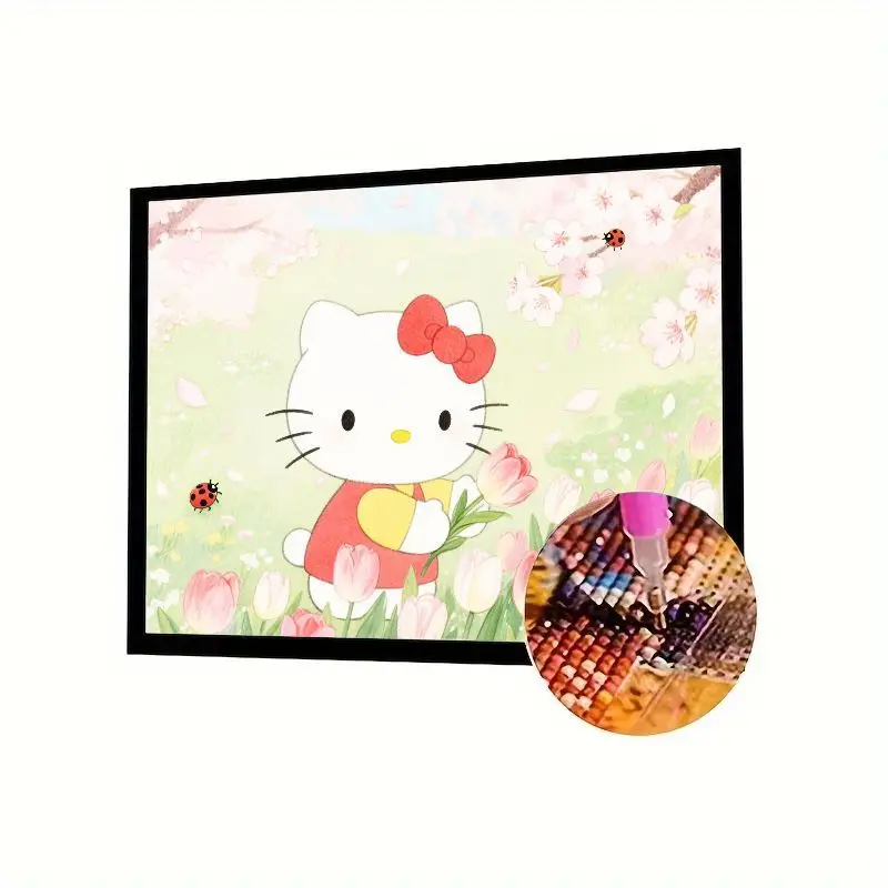 

1PC Hello Kitty 5D Diamond Painting Kit - Full Drill DIY Cute Cartoon Spring Cherry Blossom Tulip Garden Scene with Ladybugs for