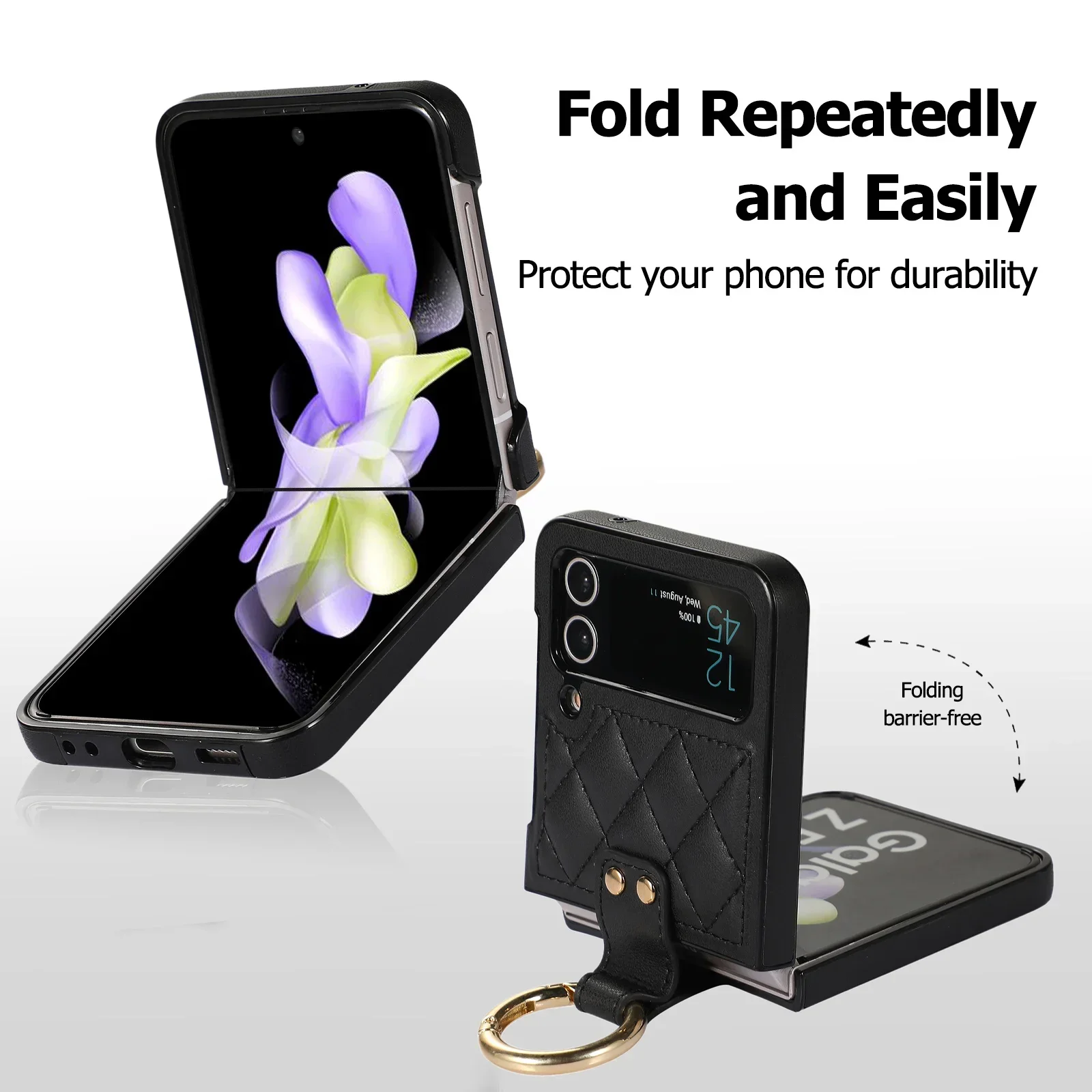 Galaxy Z Flip 4 3 5G Ringhalter Handyhülle für Samsung Z Flip4 Flip3 Ultradünne Leder-Klappschutzhülle mit Halterung