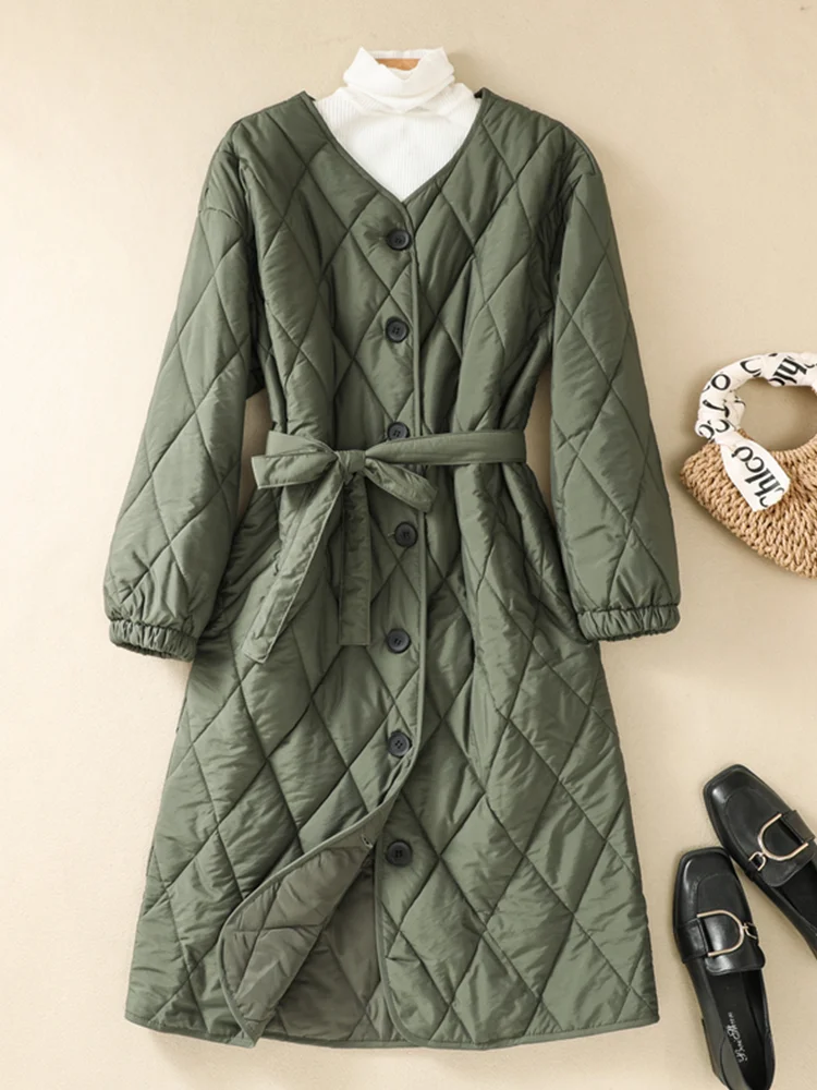 Thickened Cotton Jacket Women's Retro Style Belted Waist Middle-Length Quilted Cotton Coat Warm Outerwear Long Sleeve round Neck