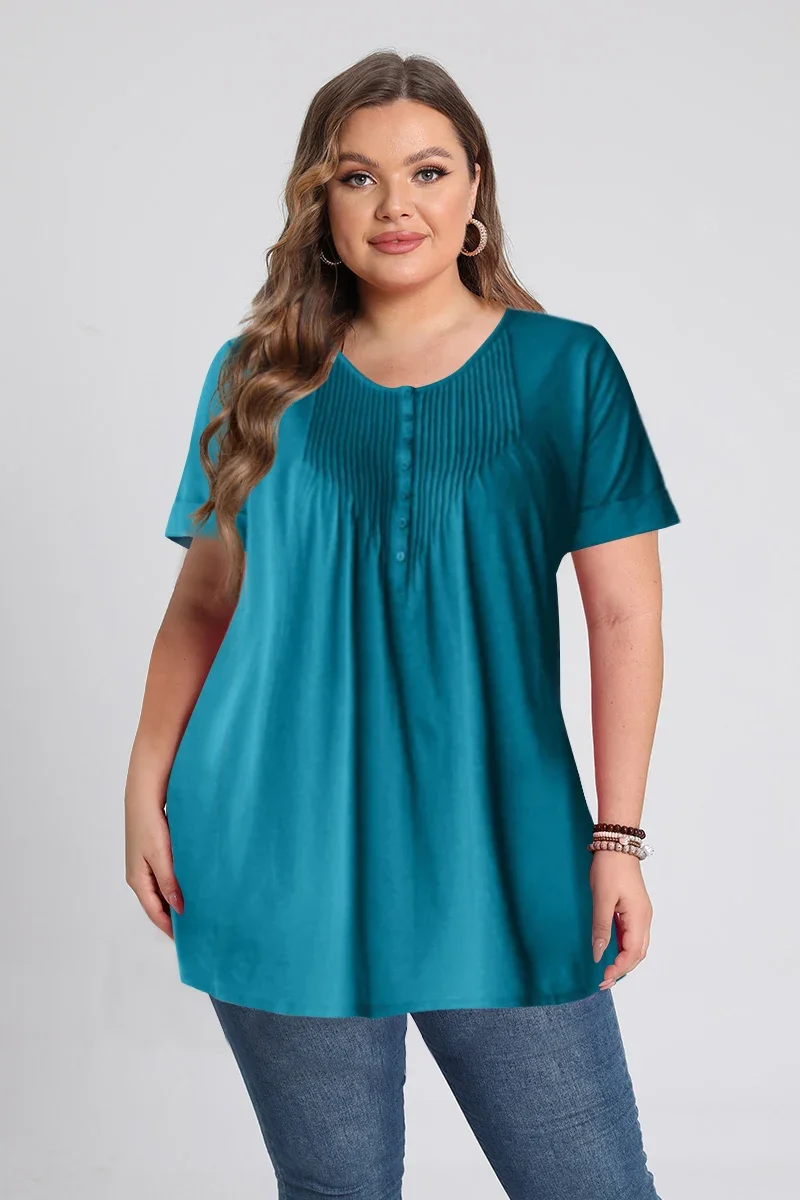 Plus Size Women\'s Blouse Casual Peacock Blue Pleated Single Breasted Short Sleeve Summer Loose O-Neck Top Ruched Blouse 2024