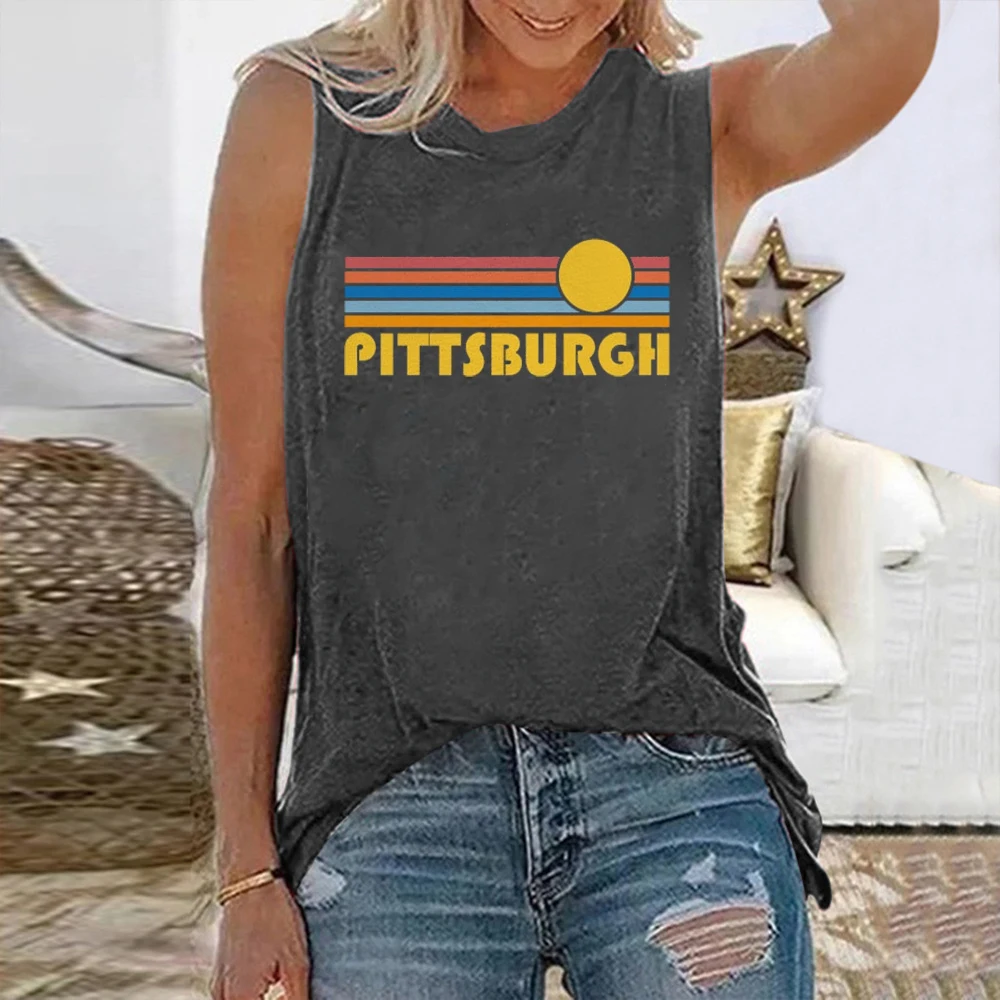 Seeyoushy PITTSBURGH 2023 Summer Sleeveless Women's T-shirt Rainbow Color Printed Harajuku Women's Top Y2K Trend Women Clothing