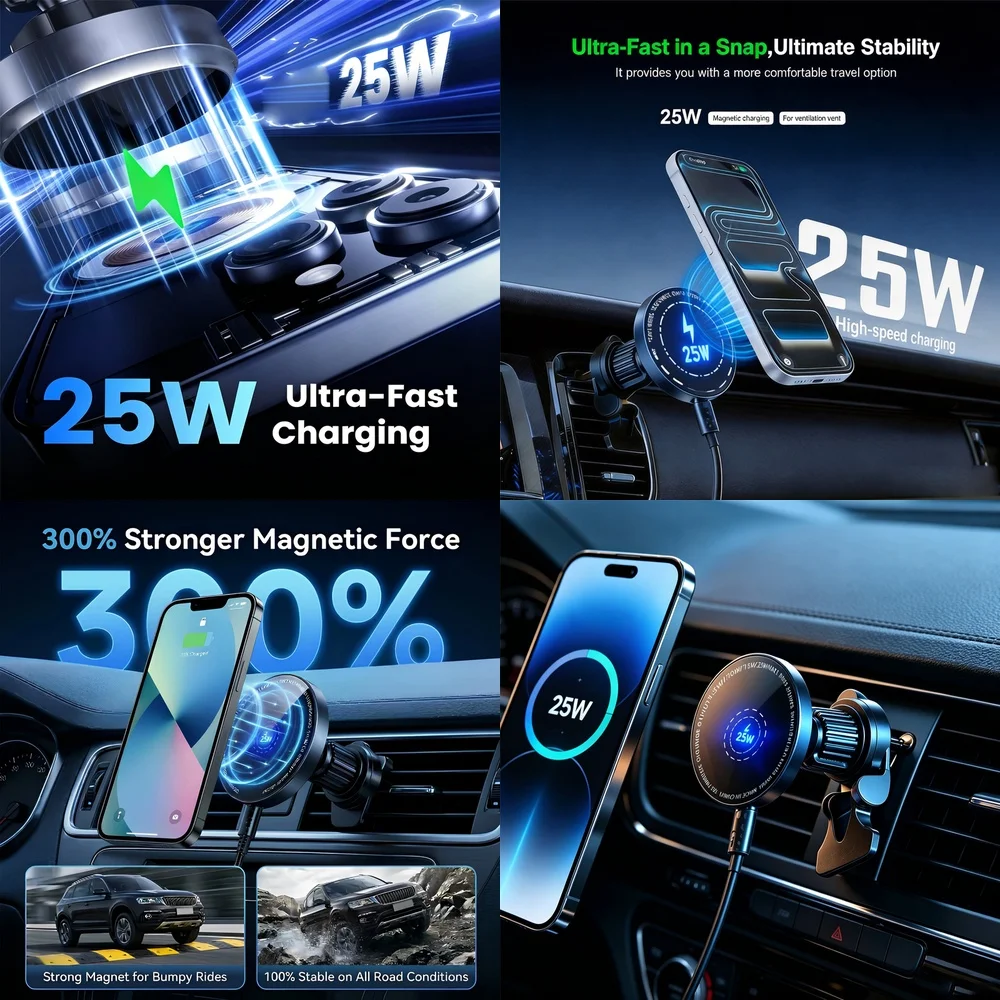 Magnetic 25W Wireless Car Charger Super Fast Air Vent Phone Holder Smart Charging for iPhone 17 16 15 14 13 12 Series Pro Max