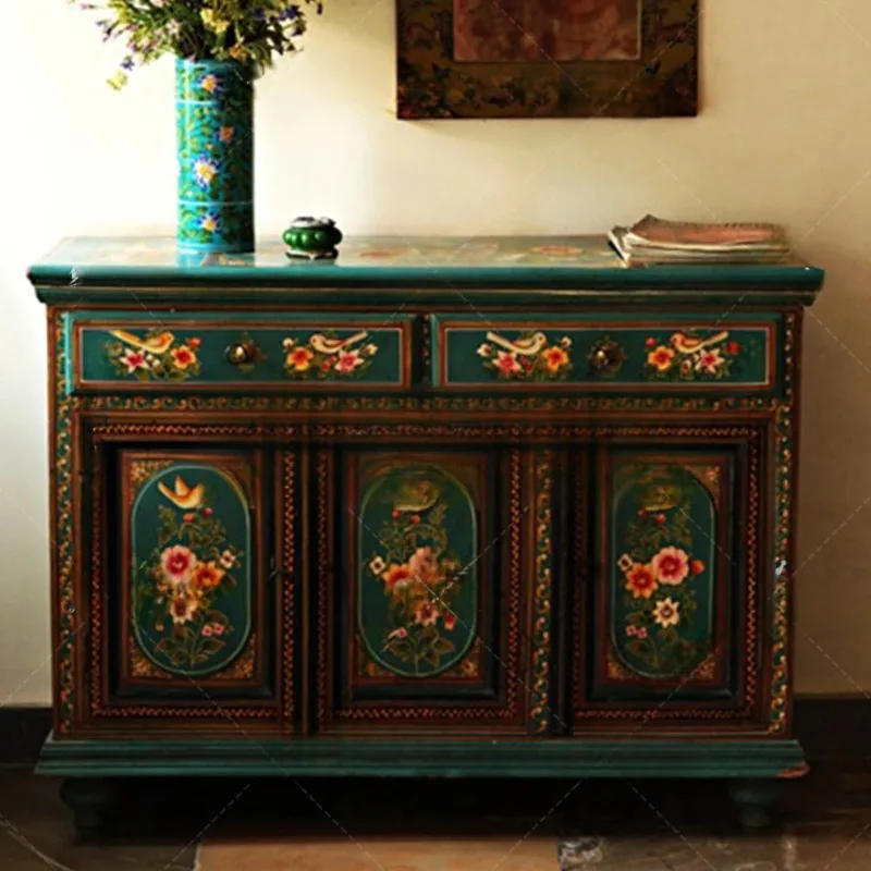 Retro solid wood painted entrance cabinet Small apartment living room decorative cabinet Locker