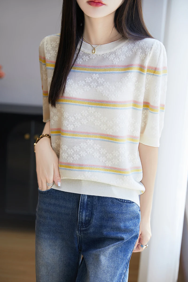 

25 New Summer Woolen Fine Spinning T-Shirt O-Neck Stripe Short Sleeves Women High Grade T-Shirt Fashion Cool T Shirt Comfortable
