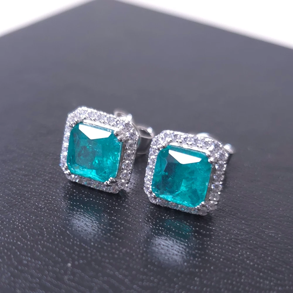 KQDANCE Solid 925 Sterling Silver With 7*7mm Square Lab Created Paraiba Tourmaline High Carbon Diamond Stud Earrings Jewelry