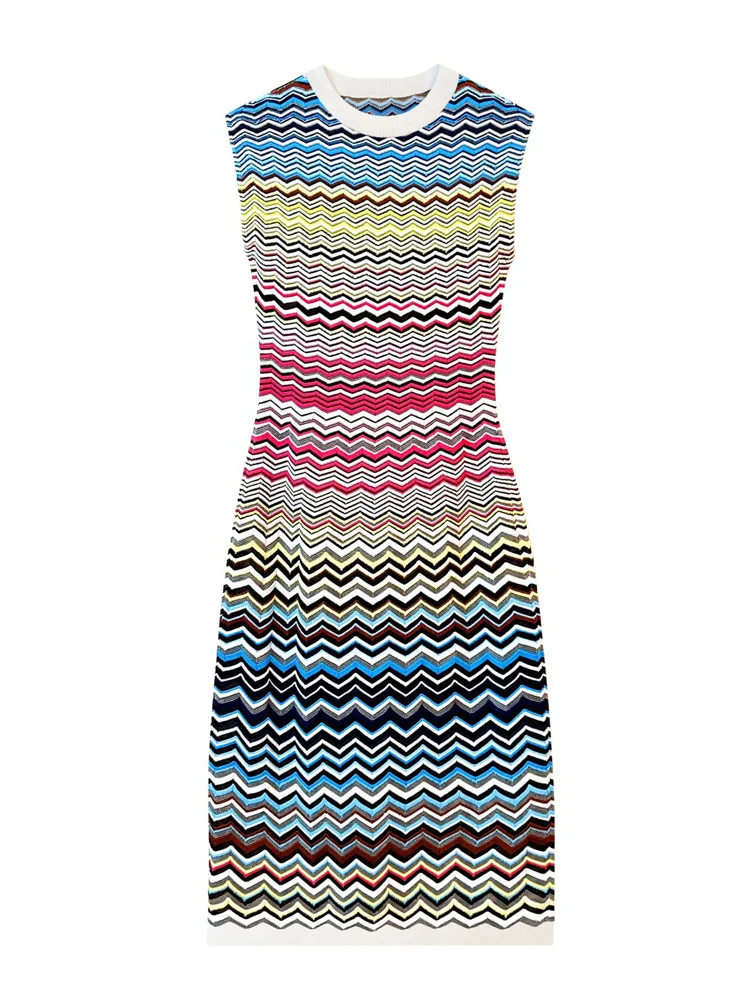 Italian Style High-end Quality Knitted Sawtooth Stripe Women\'s Dress New in Summer 2023 Female Elegance Sleeveless Clothing