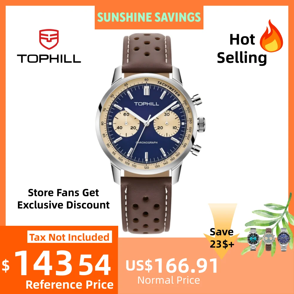TOPHILL Vintage Racing Chronograph Men’s Mechanical Watch ST1901 Seagull Movt. Pilot Military Leather Strap Sapphire 5ATM TL027G
