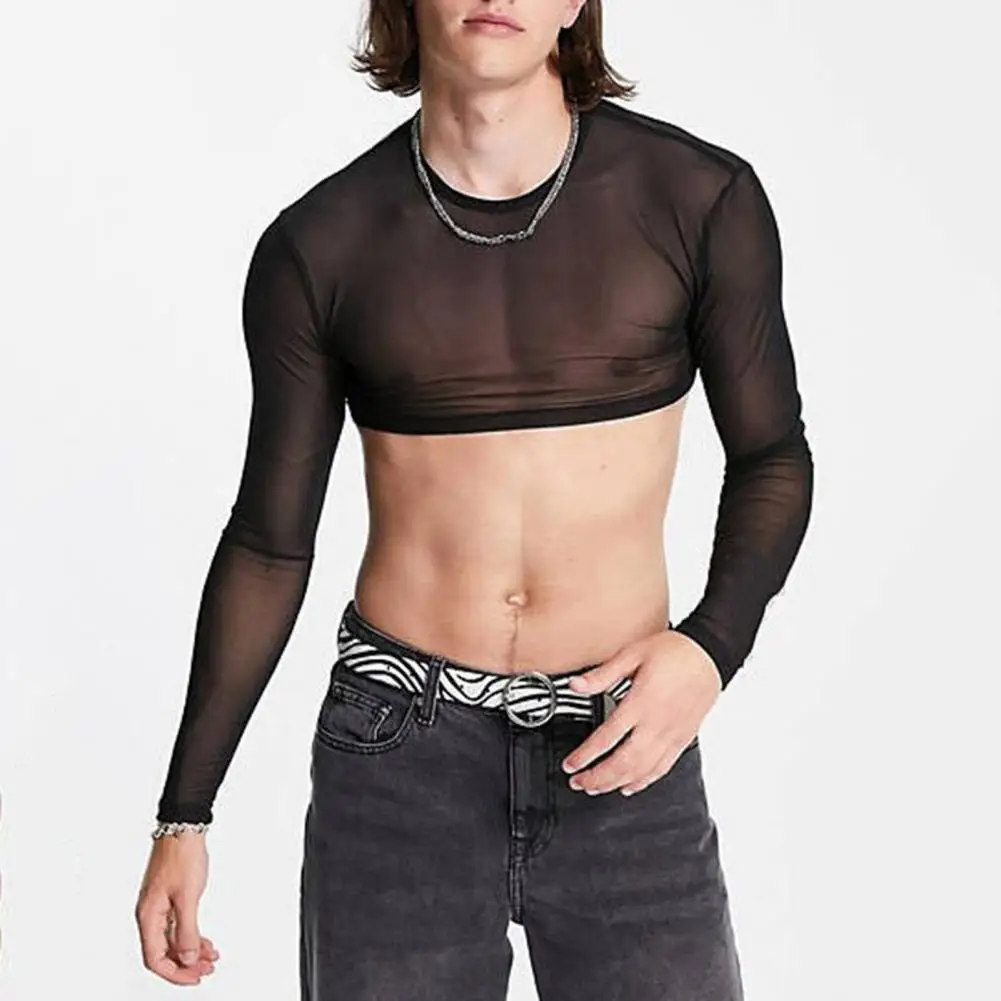 

Men Solid Color Crop Top Men's Sheer Mesh Long Sleeve Crop Top For Nightclub Performance Party Ultra-thin Elastic O Neck For Men