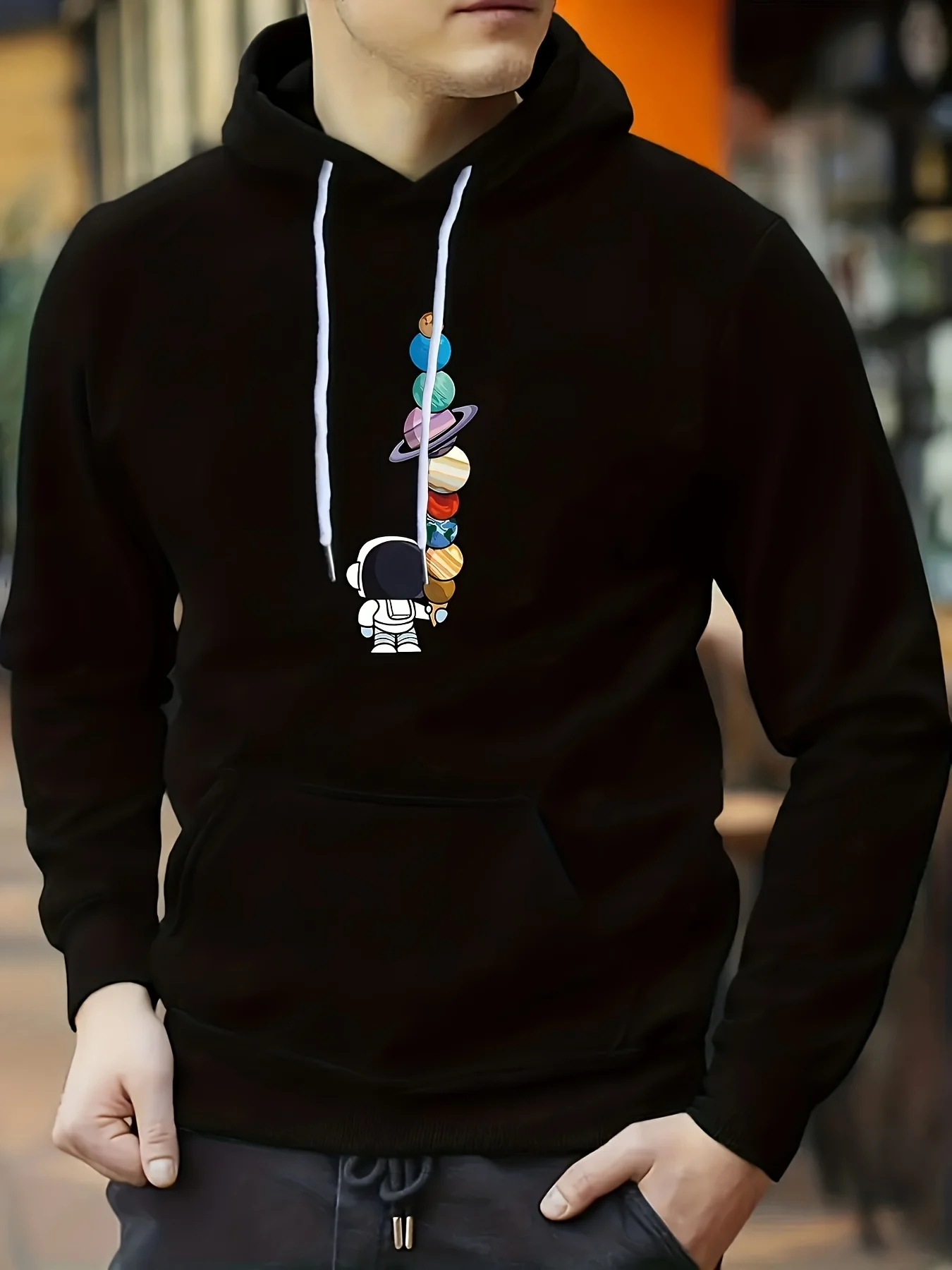 

Loose Casual Men's Solid Color Fashion Astronaut Planet Bead Print Hoodie Spring Autumn Single Piece