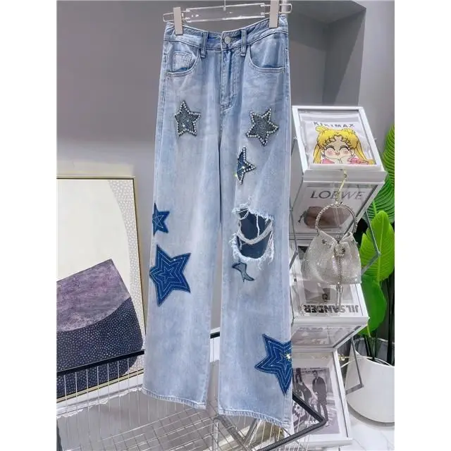 Chic Women Summer Stars Diamonds Beaded Denim Pants Pentagram Holes Drilling Jeans High Waist Straight Tube Light Blue Trousers
