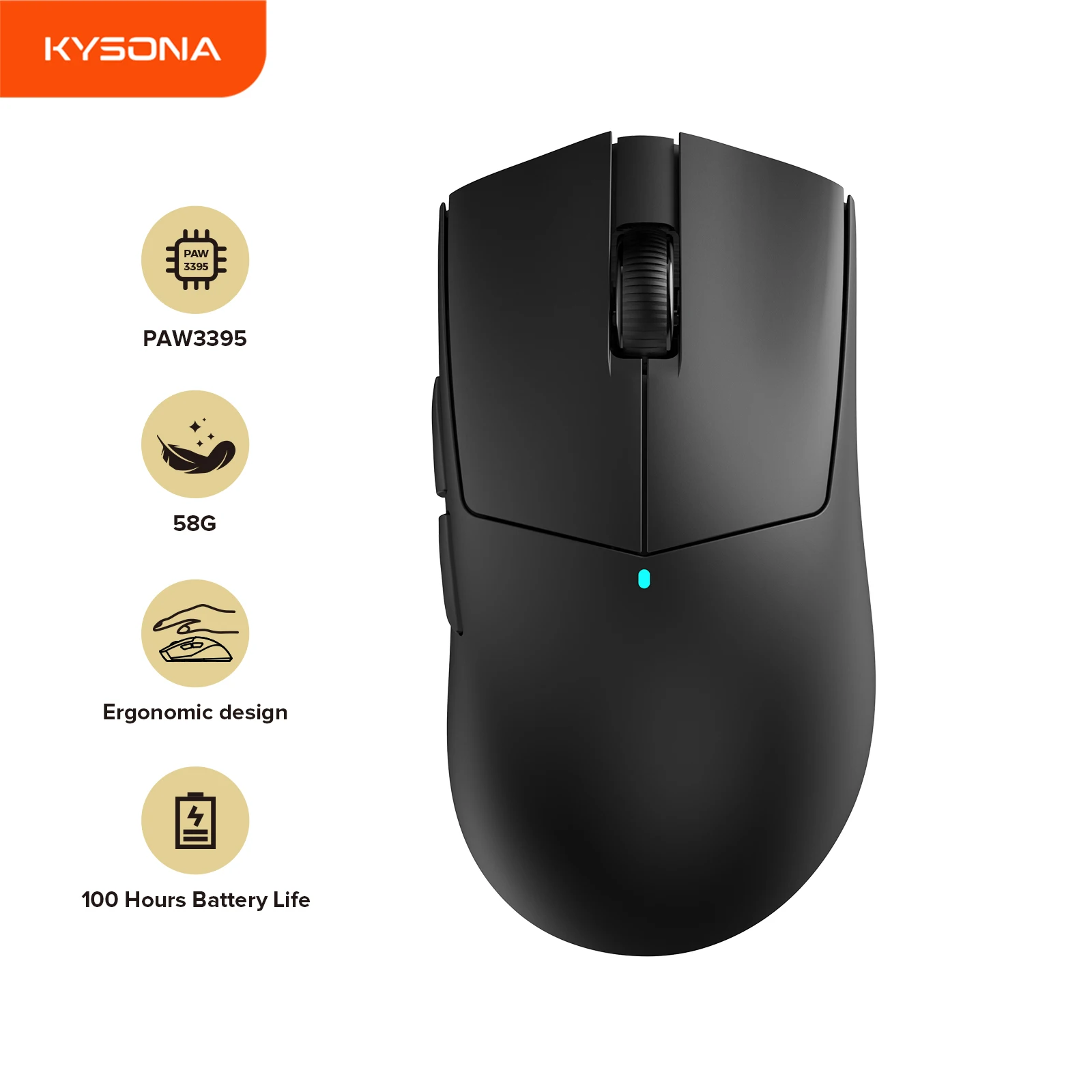 

Беспроводная игровая мышь Kysona M511 PAW3395, 58 г, сверхлегкая, 26000 точек на дюйм, 6 кнопок, 90 миллионов, оптическая компьютерная мышь для портативных ПК