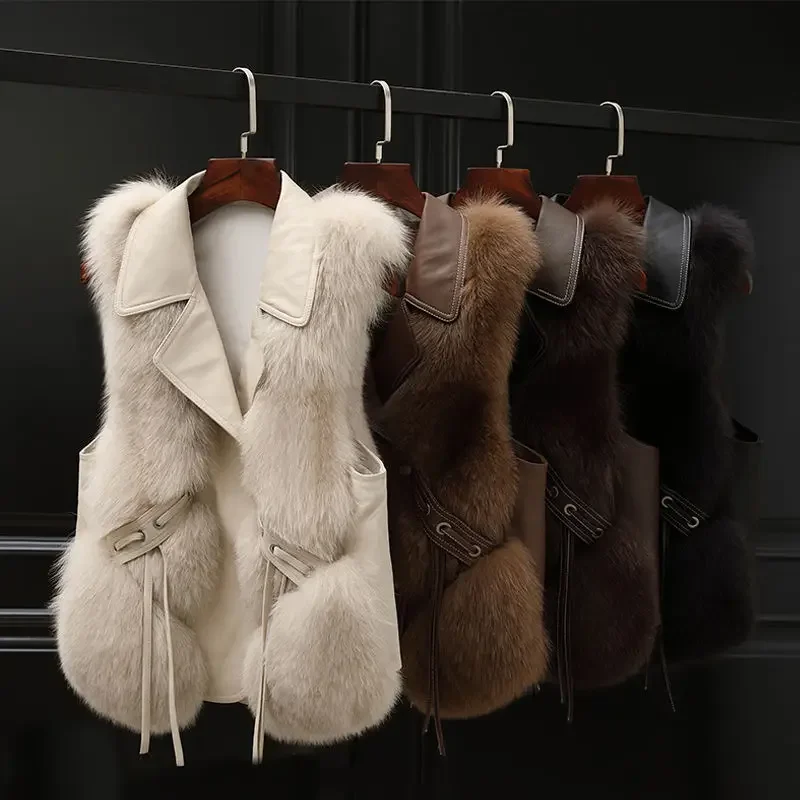 Women Solid Faux Fur Fur Vests Coat Overcoat Sleeveless High Waist Autumn Winter Mid-length Turn-down Collar Solid Color N60