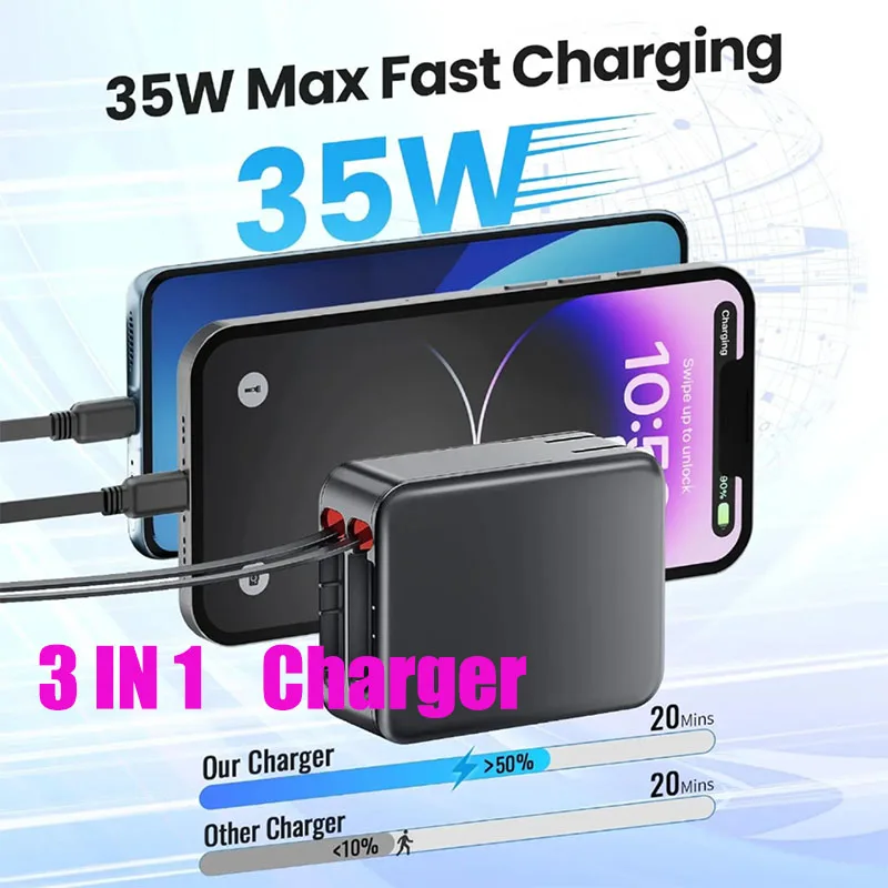 

Зарядное устройство PD из нитрида галлия 3 в 1, 35 Вт, выдвижной кабель, совместимая с США зарядная головка для сотового телефона, сверхбыстрое зарядное устройство