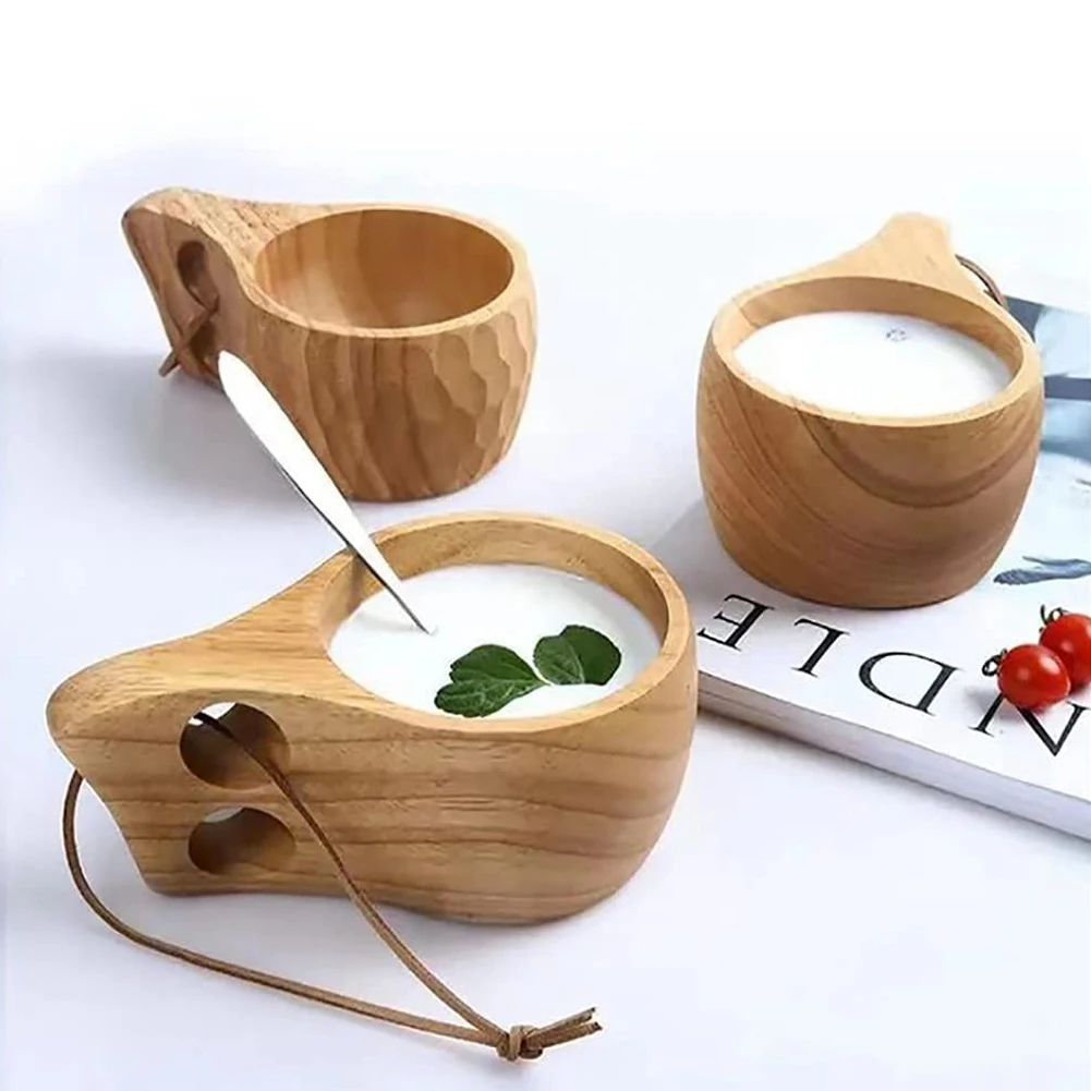 2Pack Nordic Style Wooden Cup Kuksa Cup Portable Outdoor Camping Drinking Mug Wooden Coffee Cup with Wooden Spoon