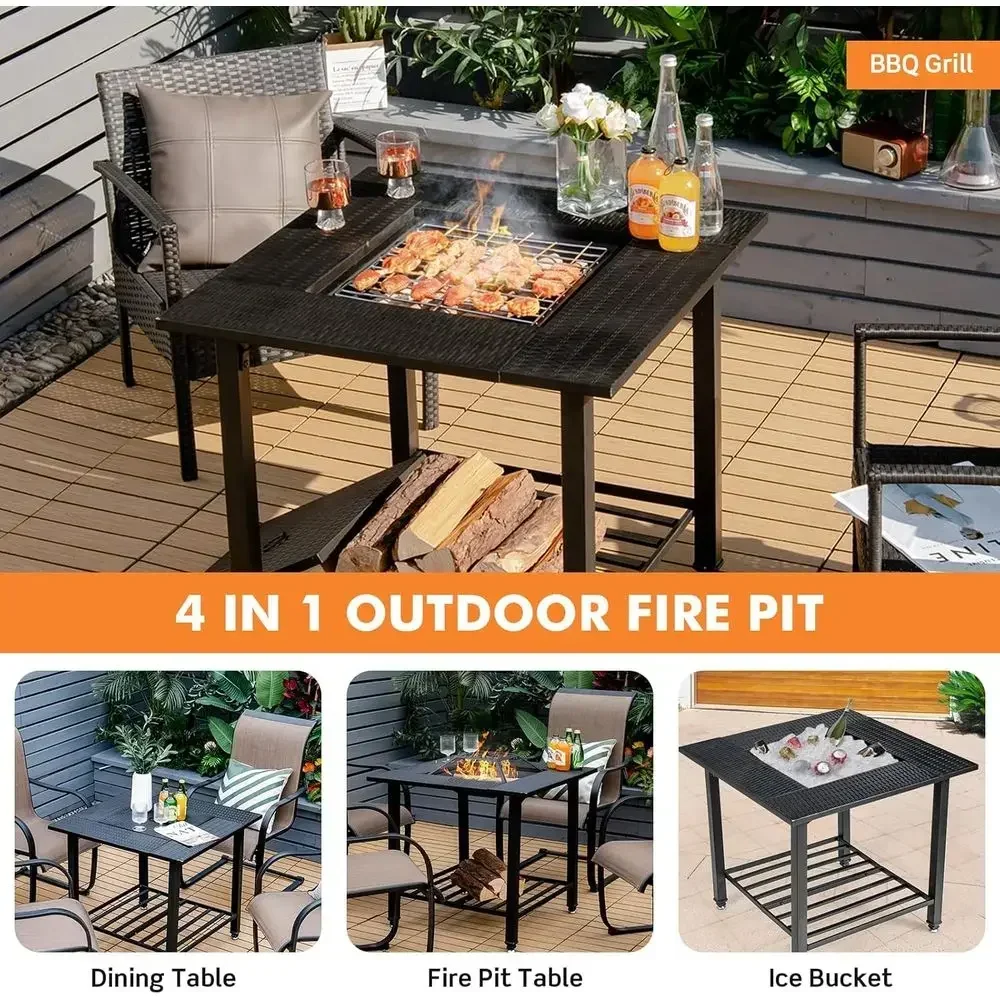 Multifunctional Outdoor Square Fire Pit with Mesh Cover, Removable Lid, Cooking and Log Grates, Ideal for Patio, Garden, or Pool
