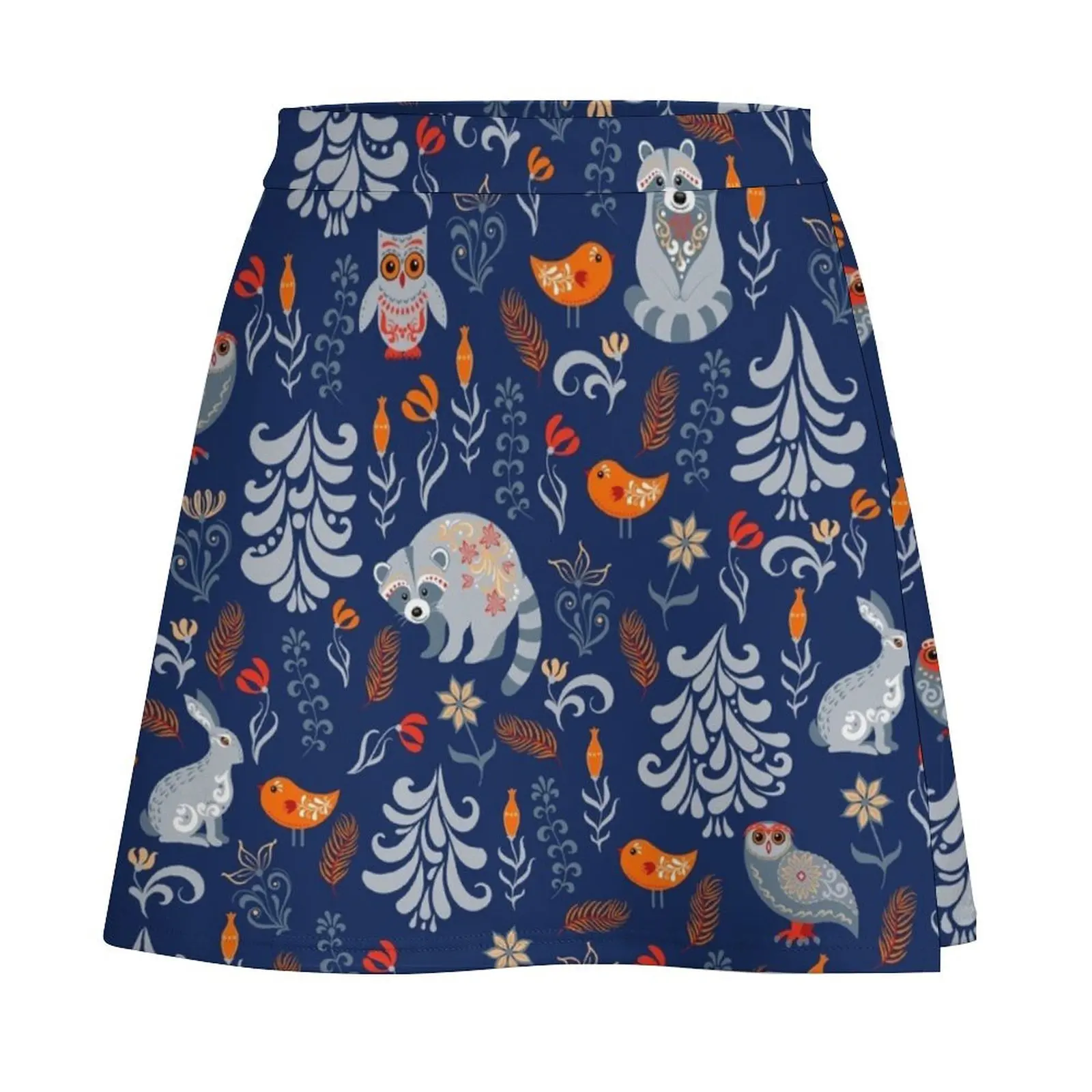 Fairy forest with animals and birds. Raccoons, owls, bunnies and little chick. Mini Skirt korean style women clothing Mini Skirt