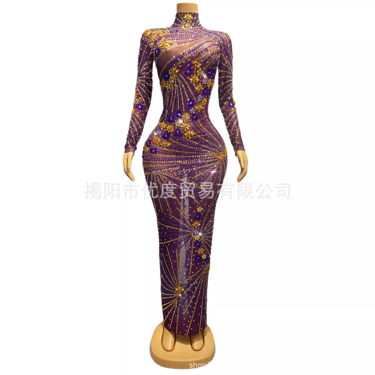

Long Sleeve High Neck Glam DJ Reception Perspective Mesh Rhinestones Birthday Party Night Dress Violet Stage Performance Dresses