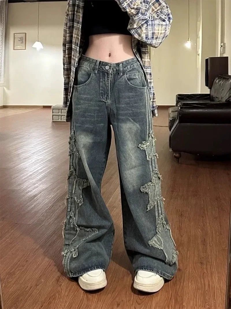 Star Patchwork Vintage Streetwear Denim Pants Hip Pop Style High Waist Wide Leg Y2k Jeans All-match Punk Grunge Trousers Female