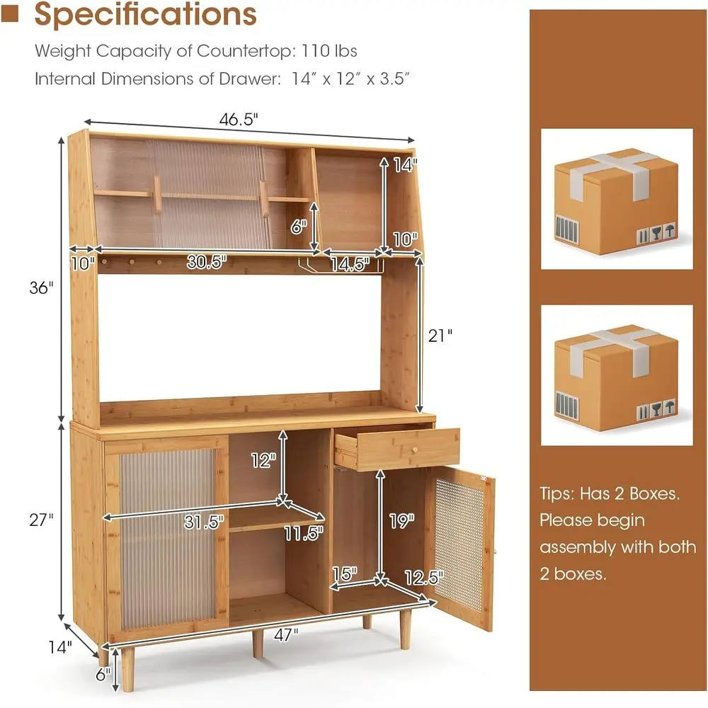 69 Bamboo Storage Hutch with Microwave Stand and Rattan-Door Sideboard for Kitchen Coffee Bar