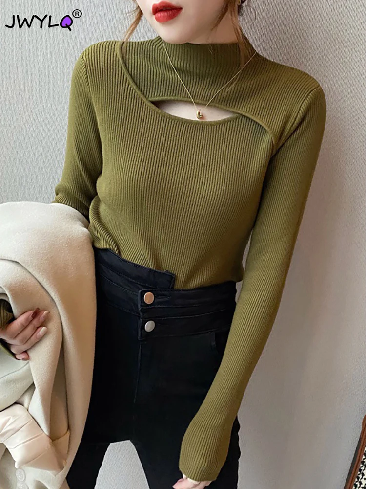 

Sexy Hollow Out Black Sweaters Women 2023 Autumn Winter Clothes Slim Turtleneck Pullovers Woman Long Sleeve Korean Knitted Tops