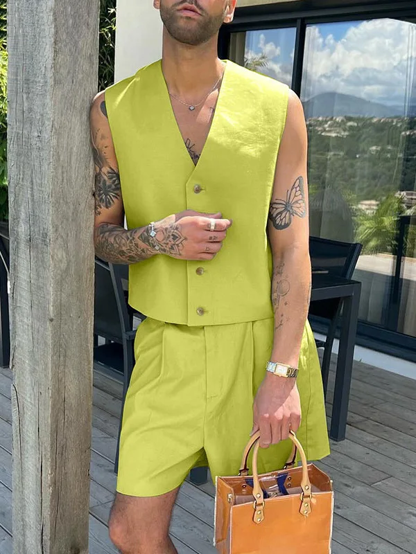 

Повседневный комплект: жилет и шорты для мужчин, летний спортивный костюм с широкими штанинами, полиэстер, молодежный модный комплект