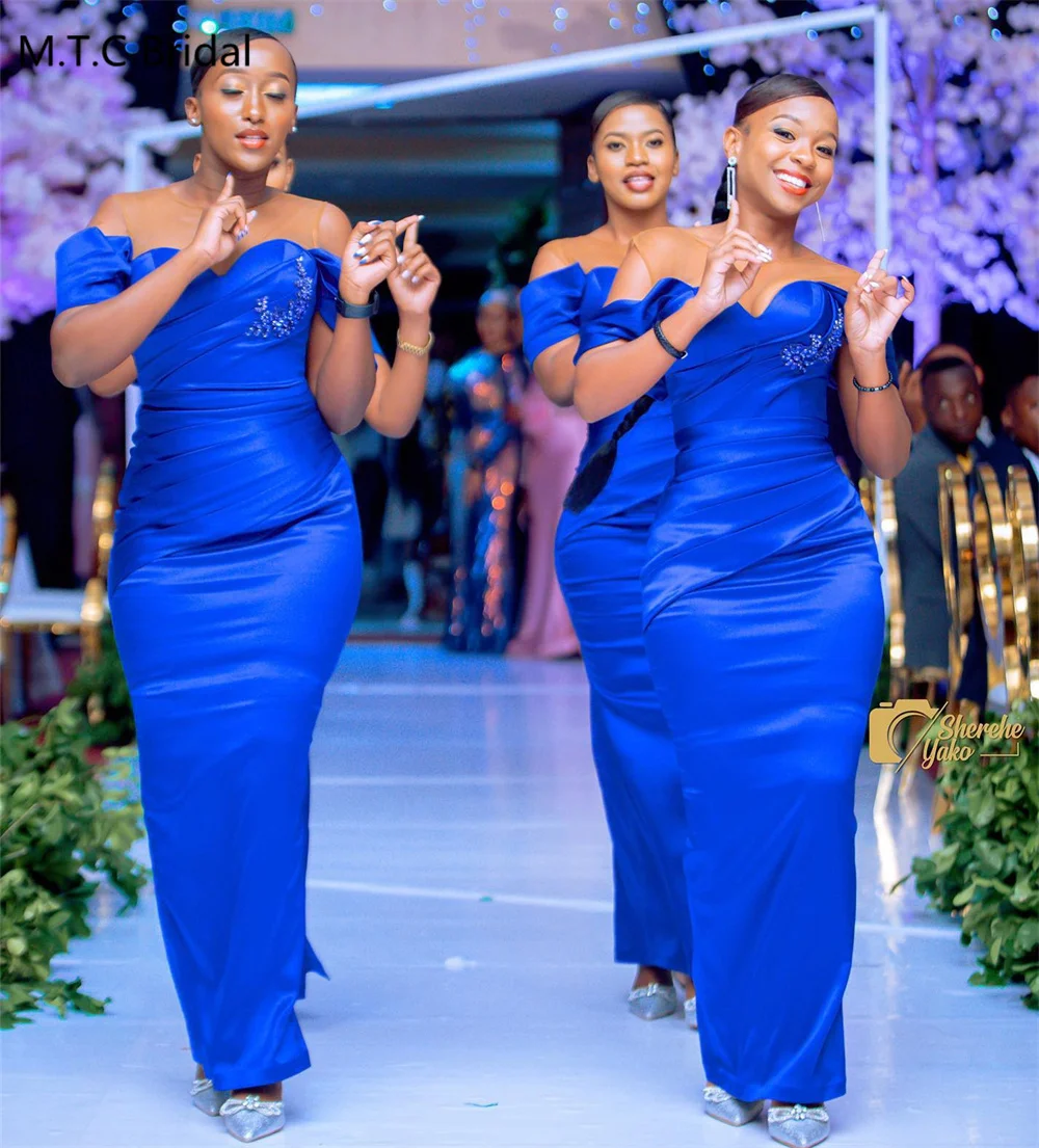 Custom Made Long Royal Blue African Bridesmaid Dresses Chic Beaded Pleated Satin Straight Formal Gowns For Maids Of Honor