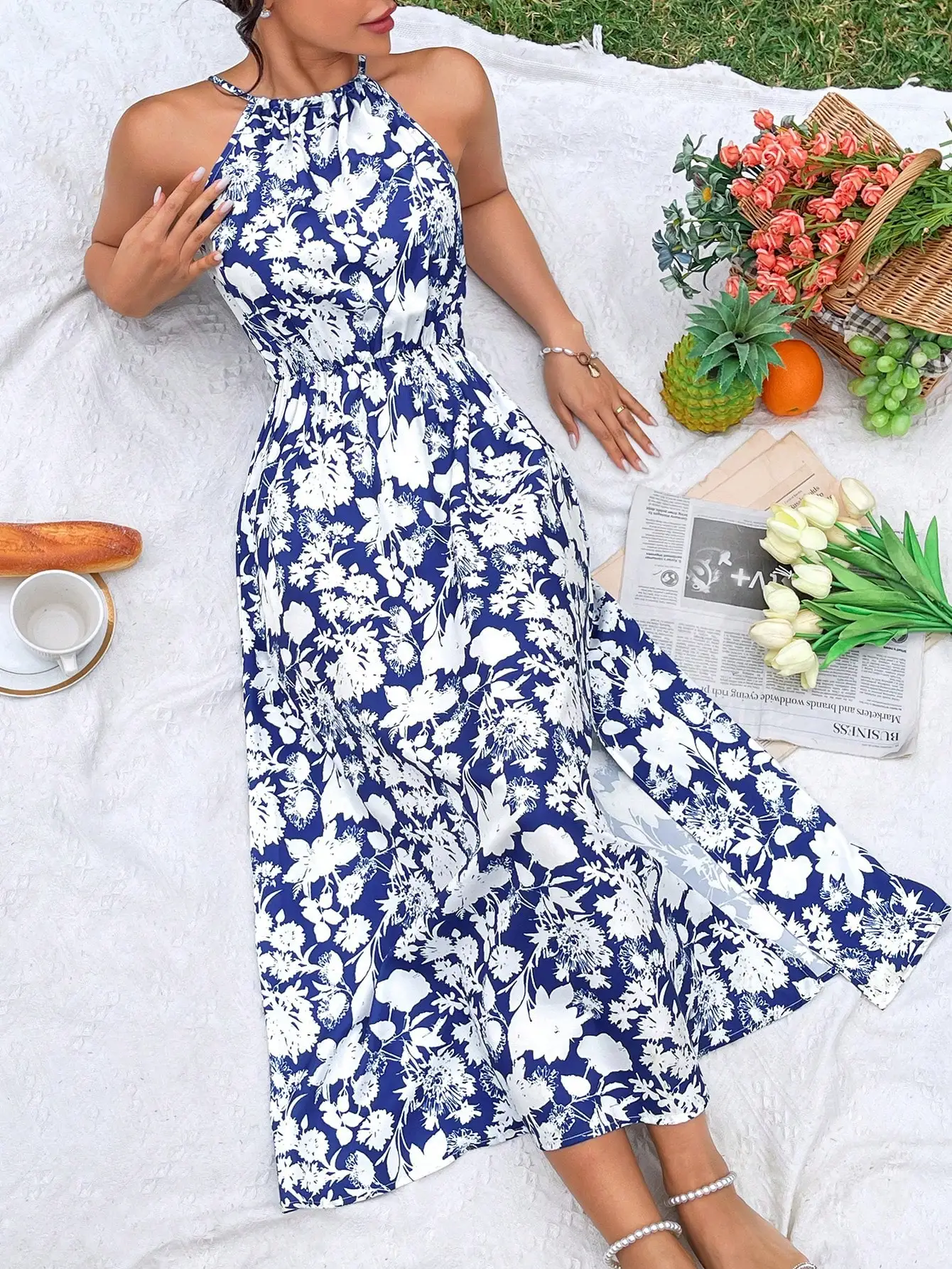 European and American women's fashionable and elegant countryside floral floral off shoulder waist slit camisole dress