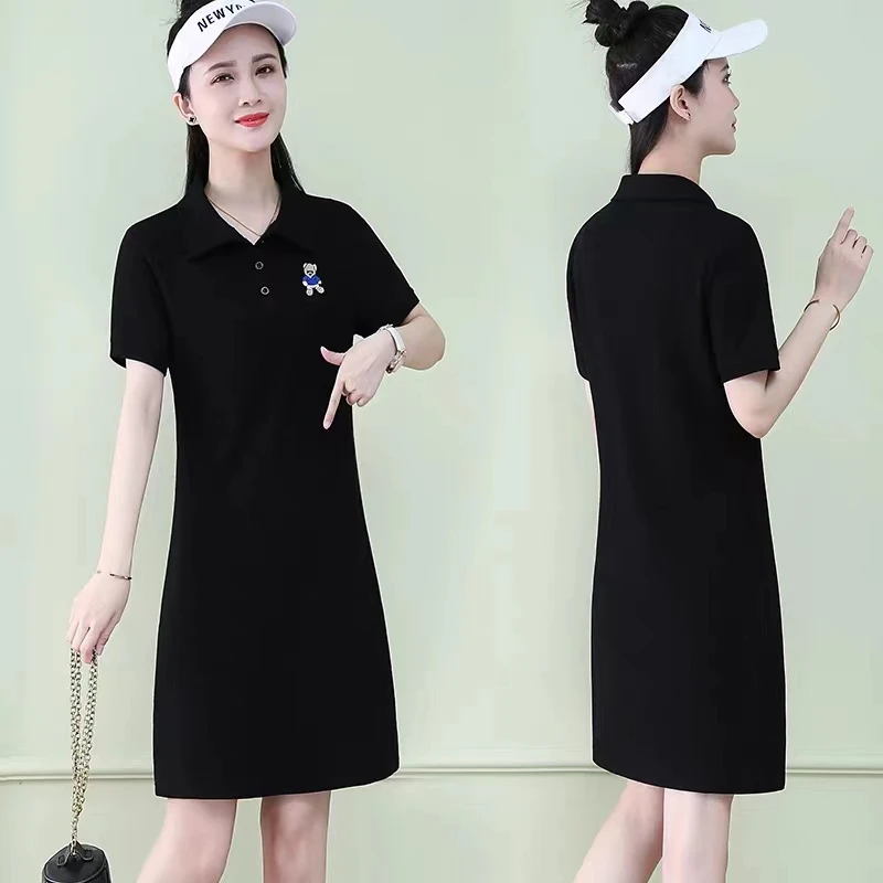 Décontracté col Dr femmes été nouveau ample polyvalent jeune minceur coréen Sle T-shirt a-ligne Midi Dr couleur Pure