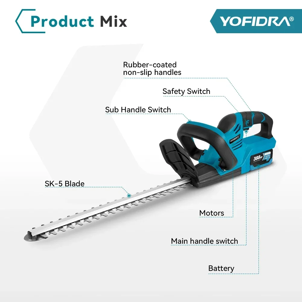 YOFIDRA 2000W Electric Hedge Trimmer Efficient Cordless Rechargeable Garden Shrub Pruning Power Tools For Makita 18V Battery