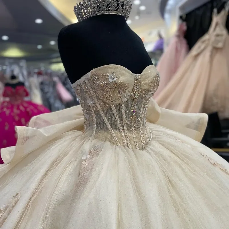 الوهم الشمبانيا الكرة ثوب جميل زين قبالة الكتف فساتين Quinceanera تول الحلو Vestidos دي 15 XV Anos مخصصة