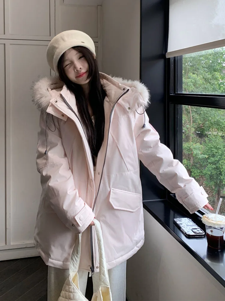 Pink fur collar workwear overcomes down cotton jacket for women\'s winter 2024 new loose mid length hooded jacket