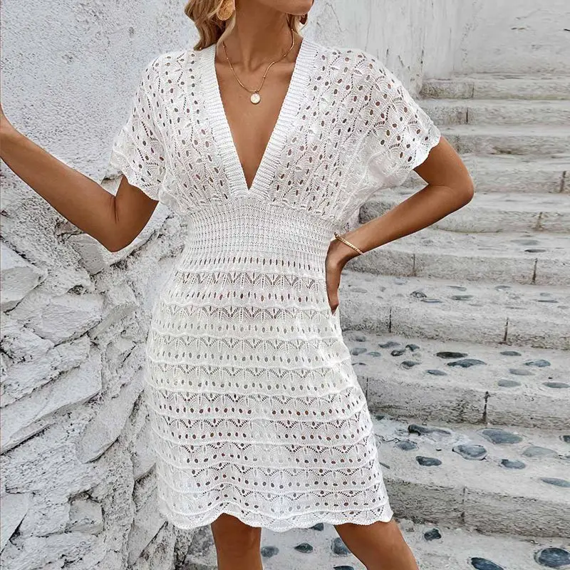 Women Summer Dress Vacation Outfits For 2024 New Ladies Solid Beach Bikini Swim Cover Up Sexy V-neck Short Sleeve Beachwaer