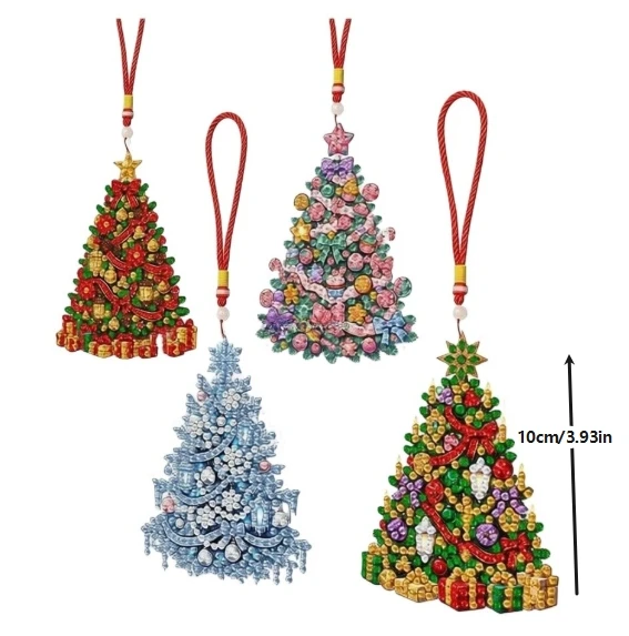 4Pcs 2D Glitter DIY Craft Kit Christmas Tree Hanging Ornament Set Fun Handmade Pendant Supplies Holiday Xmas Home Party Decor