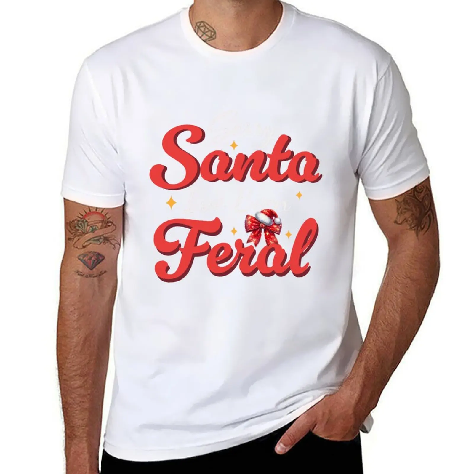 Sorry Santa I've Been Feral Christmas Xmas Santa Claus 2024 T-Shirt Basic Casual Wear Short Sleeve Top