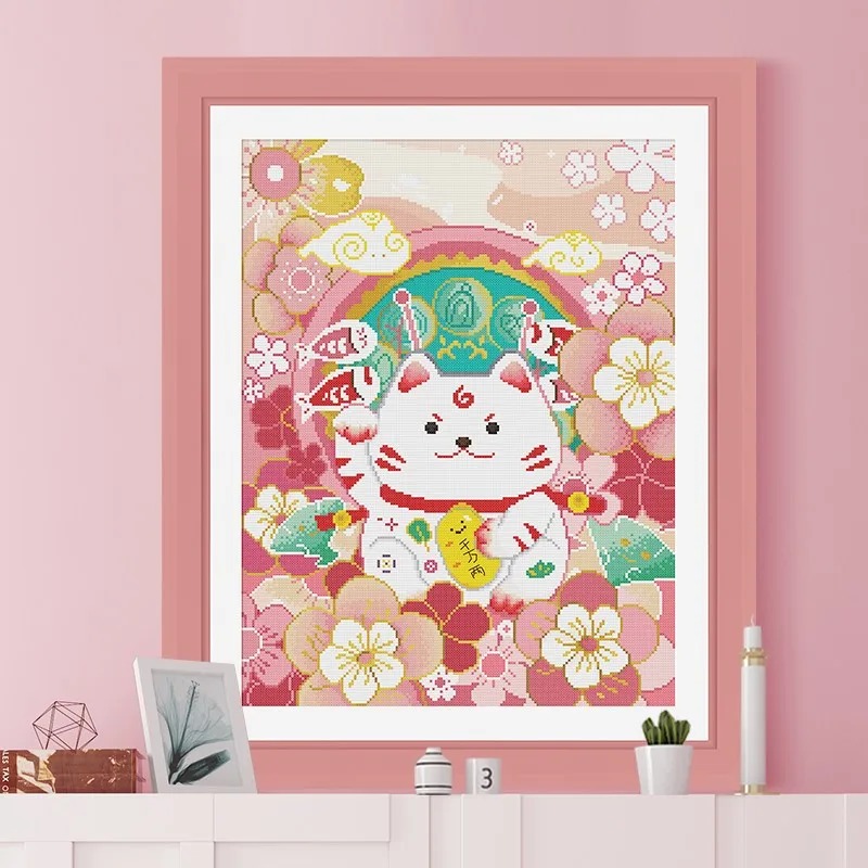 KS cross-stitch cartoon cartoon lucky cat living room study painting fresh printed cloth embroidered cherry blossoms lucky cat.