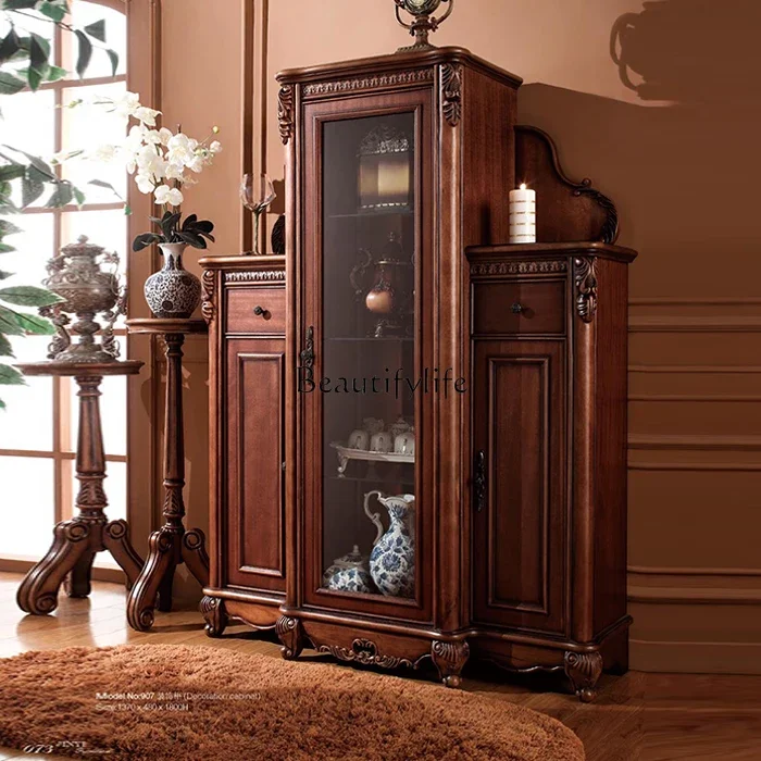 

LD33European-Style High-End Luxury Home Storage Cabinet American Country Solid Wood Three-Door Glass Storage Cabinet