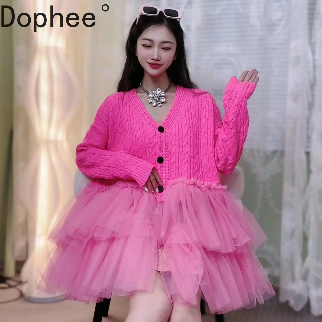 

Original Design New Spring Autumn Loose Pink Knitting Cardigans Top Single-breasted V-neck Long Sleeve Cute Mesh Fairy Sweaters