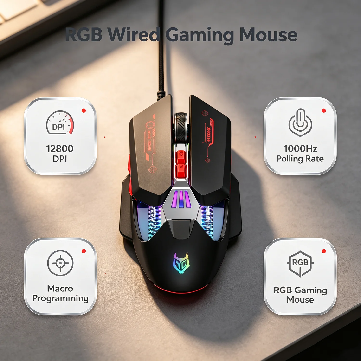 APAYADO T4 Wired Gaming Mouse 12800 DPI RGB USB Mouse 1000Hz Polling Rate Macro Programming for Gaming Office