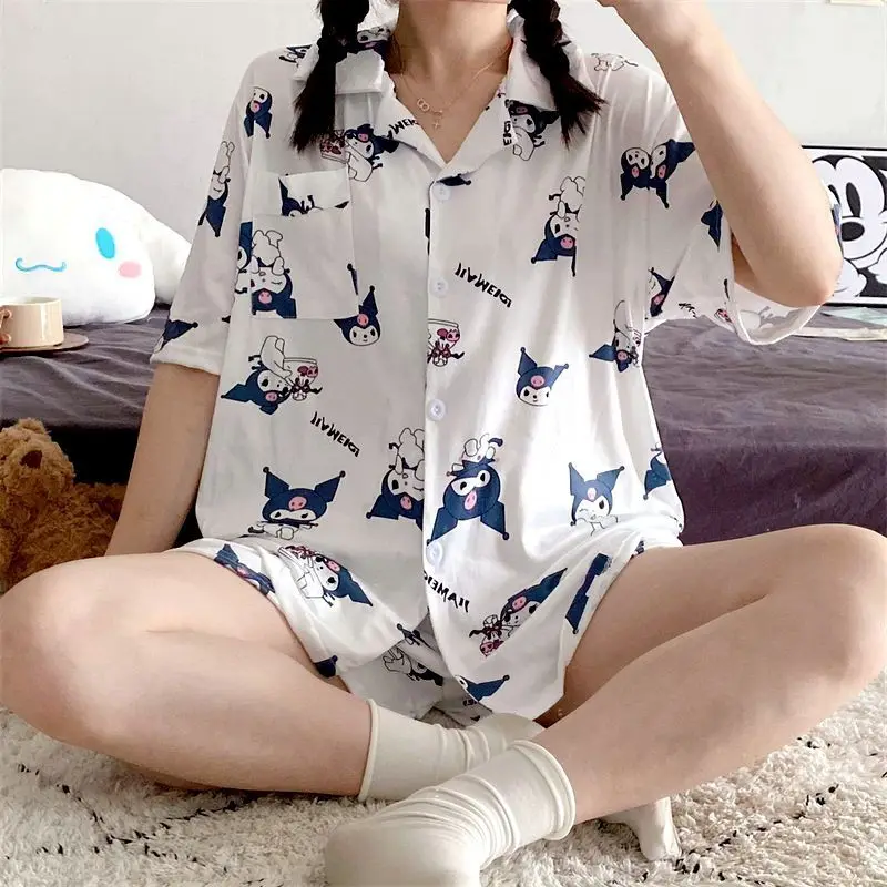 Ensemble pyjama 2 pièces pour femmes, dessin animé, Kawaii, été, filles, revers, demi-manches, short, mode décontractée, Anime étudiant, vêtements de maison Kawaii