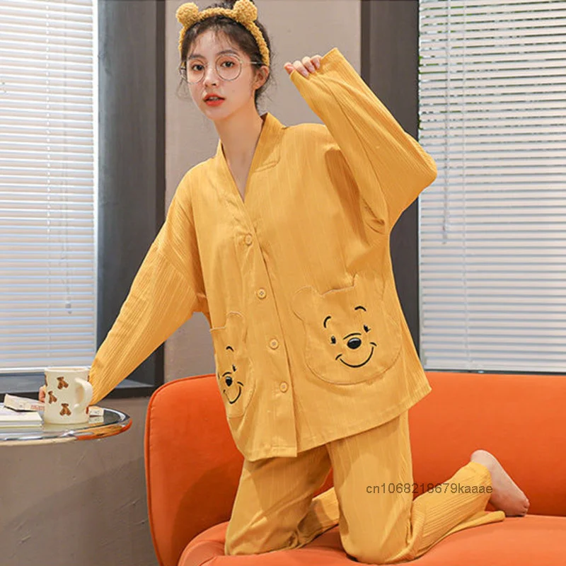 Disney Winnie The Pooh Sleepwear Women\'s Spring Autumn Long Sleeve Cardigan Set Japanese Style Sweet Soft Girl Home Clothes Suit