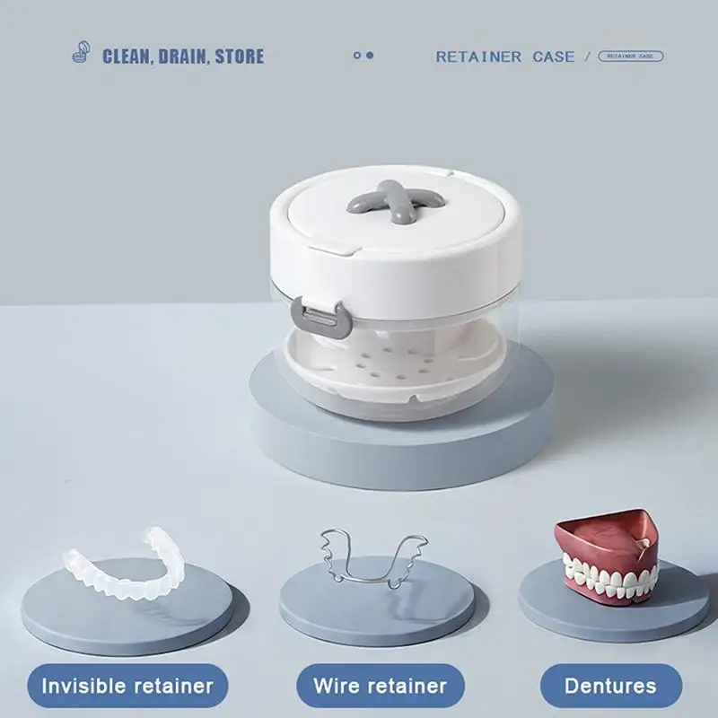 Hot Portable 2 In 1 Multi-layer Denture Retainer Case With Clip-on Cap Cleaning Storage Box With Cleaning Brush No-Leak Oral Box