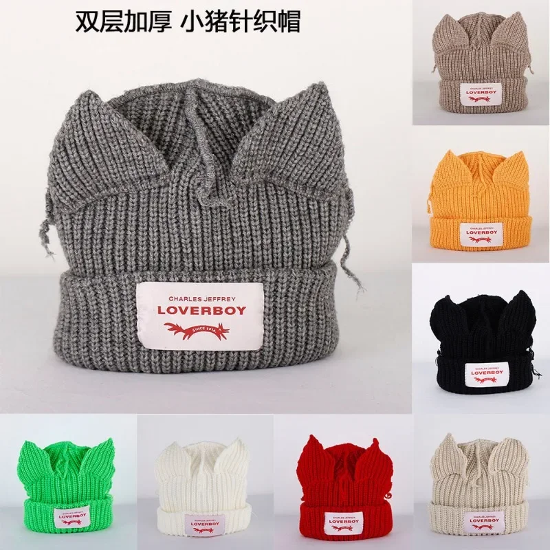 Autumn Winter Cute Cat Ear Beanies Skullies Brand Double-layer Pig Ear Hat Women Men Warm Outdoor Unisex Knitted Hat Loverboy