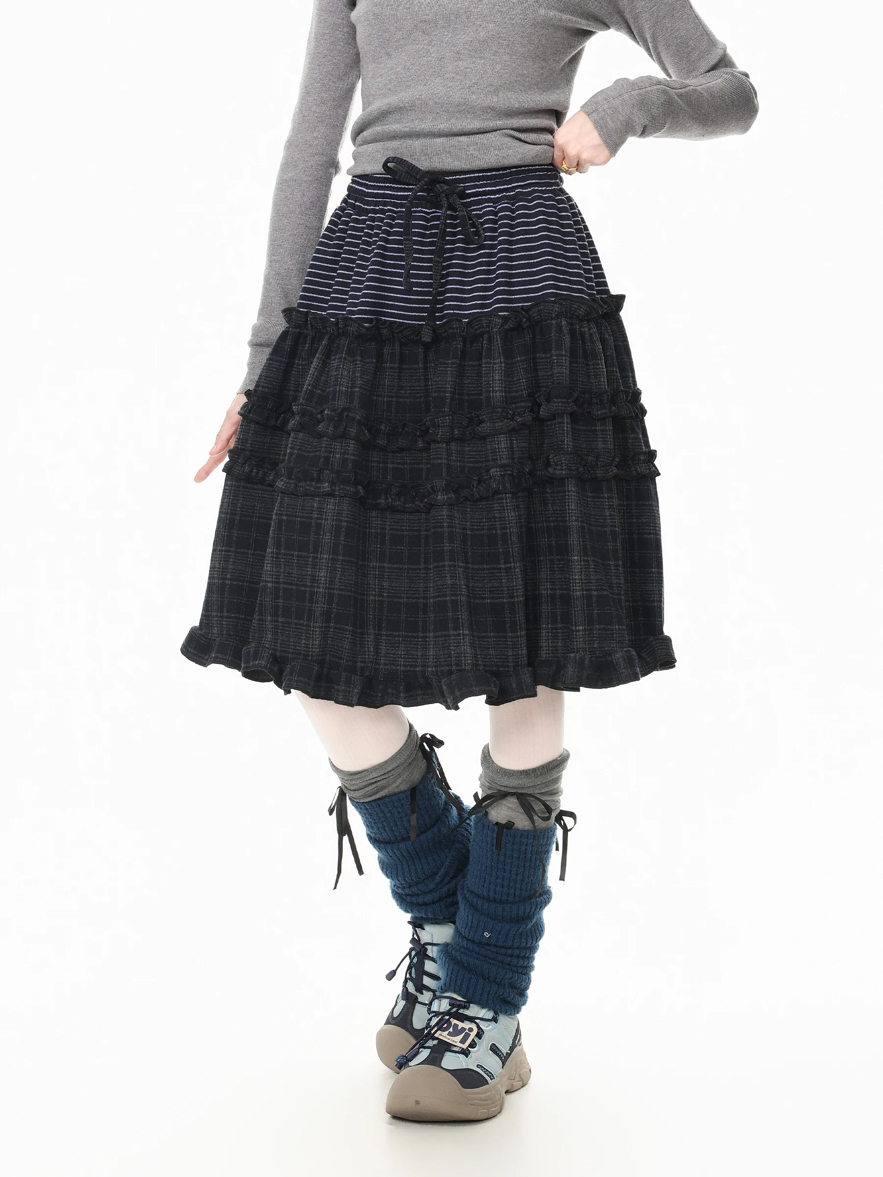 Blue Ghost Park Languid Park Plaid Patchwork Gingham Elastic Waist Autumn Wood Grain Halter Half Skirt Women's Midi Skirt