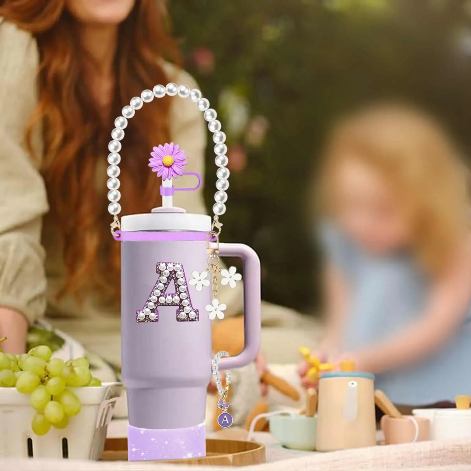 For Stanley Pendant Pearl 26-Letter Cup Chain Daisy Straw Topper Glitter Cup Sleeve Cross-Border Beverage Accessory