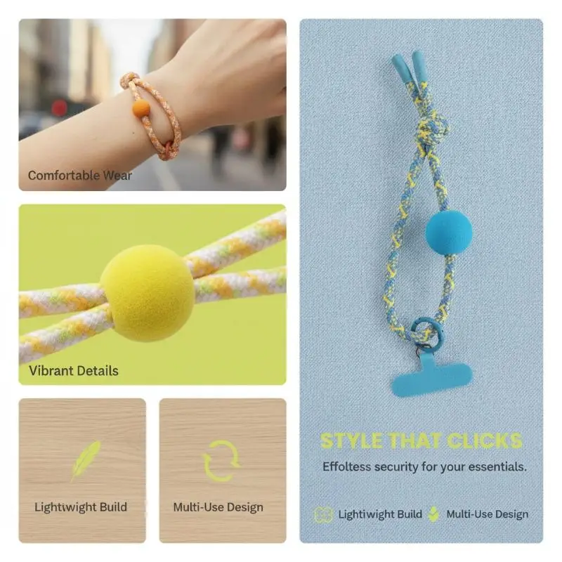 Buntes, geflochtenes Handy-Handgelenksband mit weichem Pompon für den täglichen Gebrauch, Reisen und Outdoor-Aktivitäten. – Detail 12