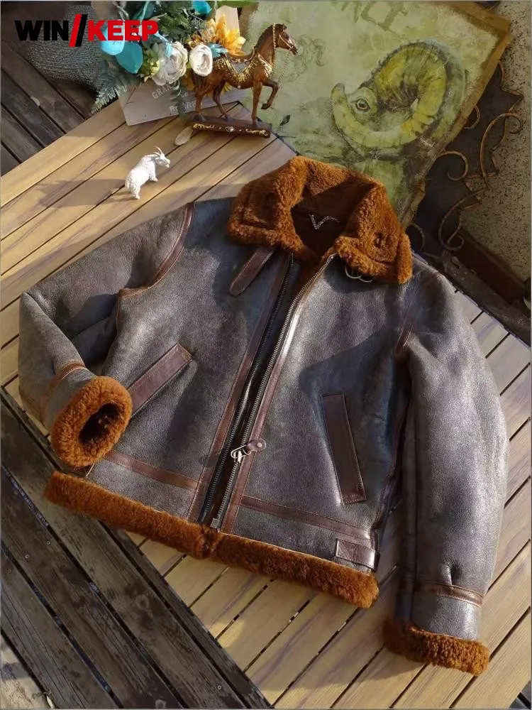 

Мужская зимняя куртка из натуральной овчины с толстой теплой шерстяной подкладкой, короткое пальто из натурального меха, винтажная мотоциклетная куртка из натуральной кожи с меховой отделкой.